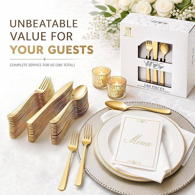 WDF 180 Count Gold Plastic Silverware Set - Heavy Duty Disposable Cutlery (60 Forks, 60 Knives, 60 Spoons) - BPA-Free Gold Flatware for Wedding, Party, Baby Shower, Thanksgiving