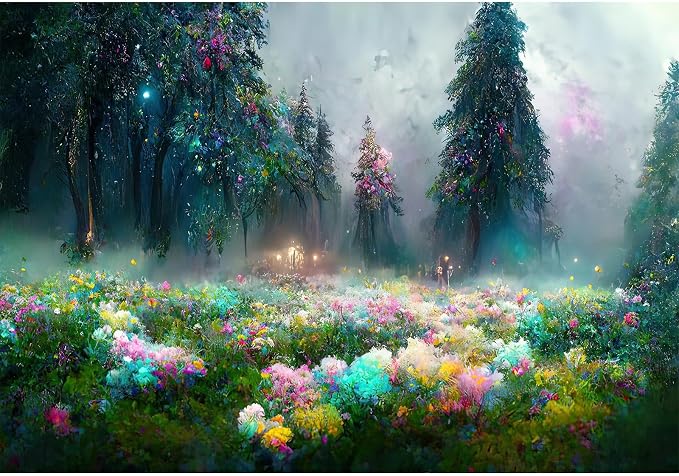 Fantasy Forest Backdrop Evening Light Magic Field Photography Background Abstract Deep Jungle Rainforest Landscape Backdrop Decors Misty Foggy Night Meadow Lush Flowers Background Props 10x8ft