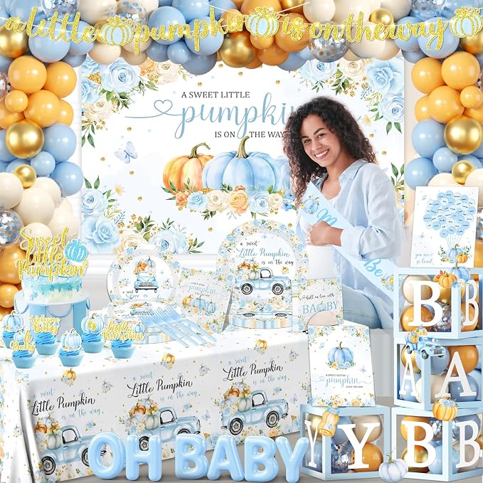 249pcs Little Pumpkin Baby Shower Decorations for Boy,A Sweet Little Pumpkin is On the Way Baby Shower,Blue Pumpkin Floral Balloons Plates Boxes Tablecloth for Fall Thanksgiving Autumn Party Decor