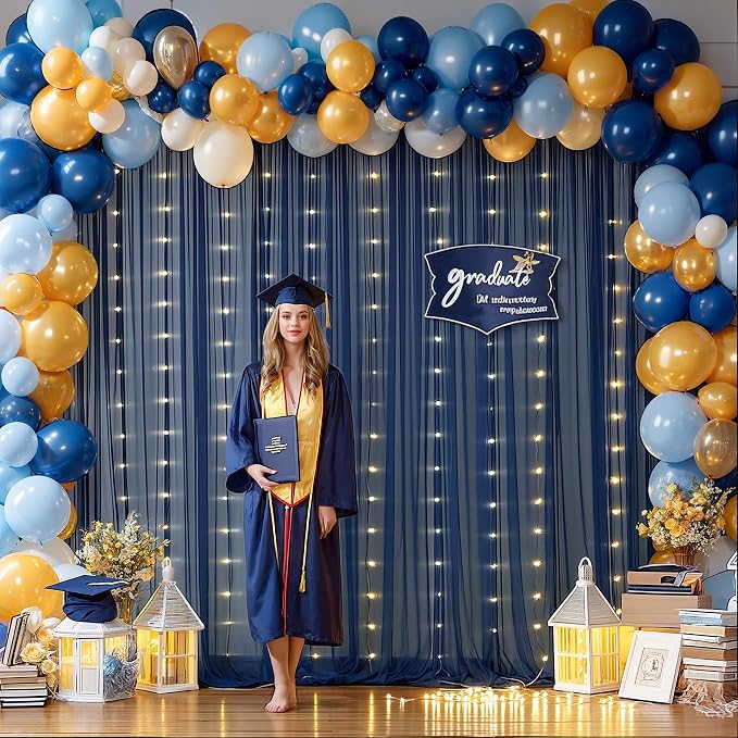 10x10ft Navy Blue Tulle Backdrop Curtain with Lights String for Parties, Sheer Photo Backdrop Drapes for Wedding Baby Shower Birthday Photography Stage Decorations