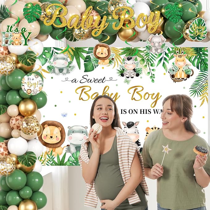 Safari Baby Shower Decorations,387pcs Jungle Baby Shower Decorations Sweet Boy Baby shower Theme Plates and Napkins Cups Tablecloth Backdrop Topper Balloons for Boy Wild Birthday Decorations