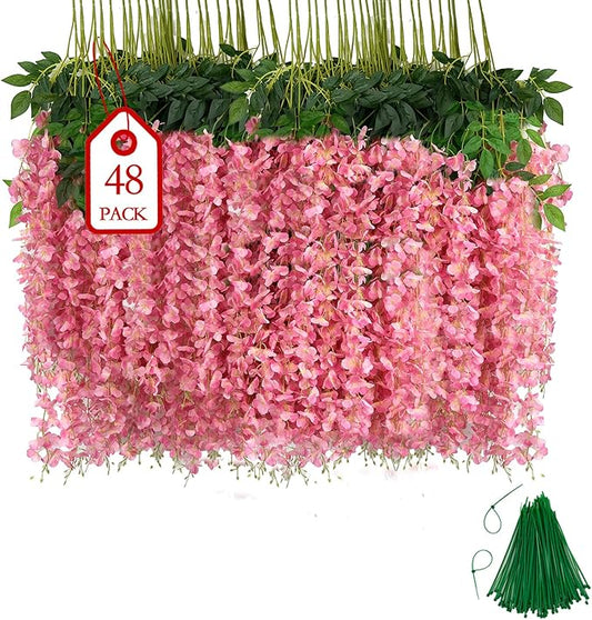 BIRDDIE 48 Pcs of Artificial Wisteria Hanging Flowers, 3.75 Feet Fake Wisteria Flower Strings for Backdrop, Wedding, Ceremony,Garden and Home Wall Decoration (Pink)