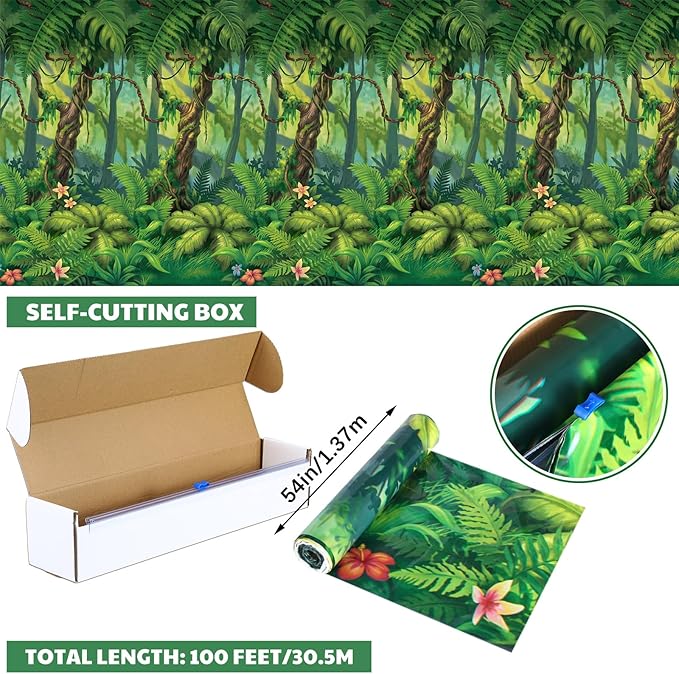 Oudain 54 Inch x 100 ft Rainforest Jungle Trees VBS 2026 Photo Wall Backdrop Tablecloth Roll with Cutter Box, Plastic Tablecloth for Rainforest Greenery Background Tropical Jungle Party Decor