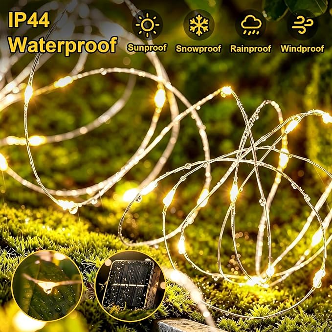 QITONG Solar Fairy Lights, 4 Pack Each 33ft 100 LED Warm White Christmas Light Outdoor Waterproof, 8 Modes Silver Wire Twinkle Mini Lights