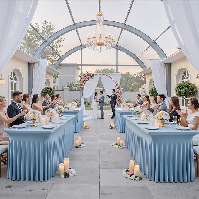 NSSONBEN 2 pk Dusty Blue Spandex Tablecloth for 8 Foot Rectangle Tables,Wrinkle Free Fitted Spandex Table Covers 8ft Stretch Table Cloths with Ruffle Skirt for Parties Weddings Banquet Baby Shower