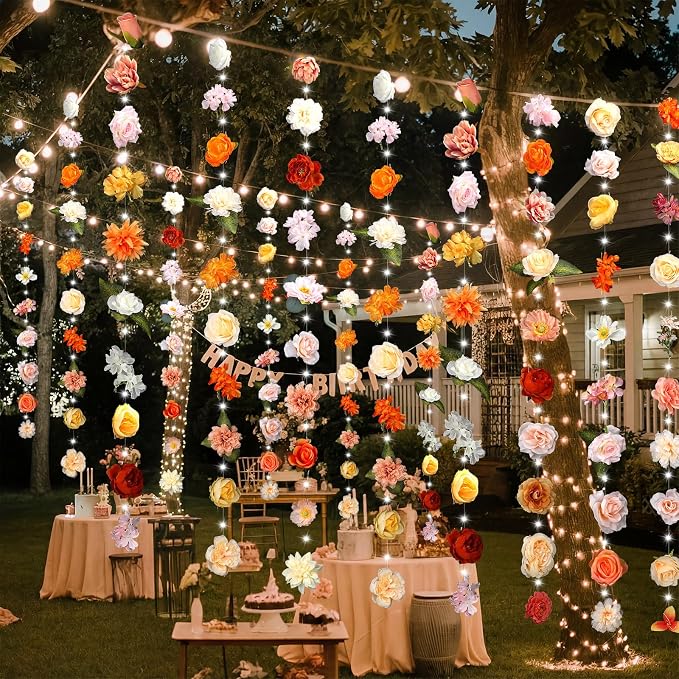 Suncalla 6 Pack 35.4ft Fake Flower Garland Backdrop with LED Lights Hanging Wildflower Floral Vine Decorations for Wedding Bridal Shower Birthday Baby Shower Party Backdrop(Bright,Multicolor)