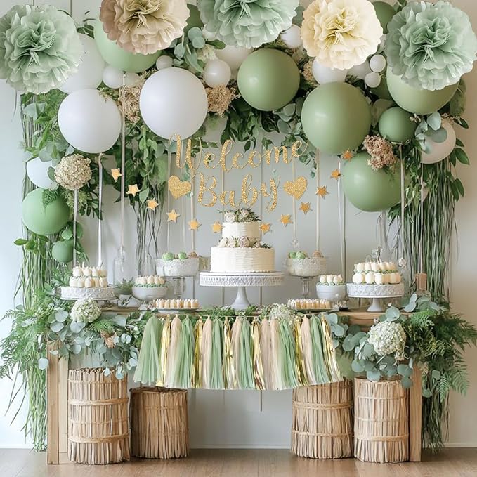 Baby Shower Decorations - Sage Green Balloons Welcome Baby Banner, Cake Topper, Paper PomPoms, Tassels, Star Banner Decor for Baby Shower Decorations Neutral Gender Reveal Party Supplies