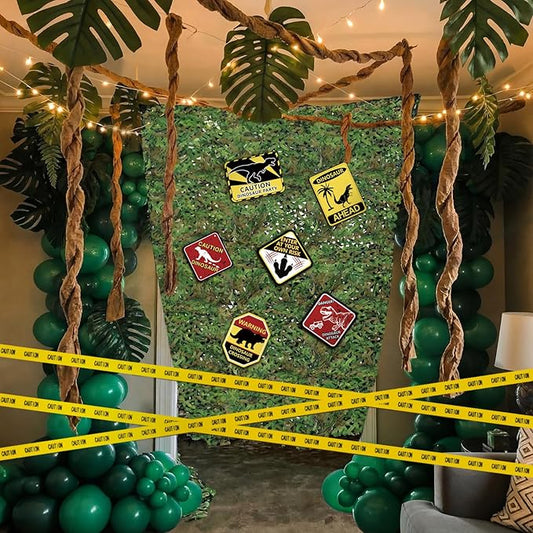 Bucherry 19 Pcs Dinosaur Party Decorations Set Include 10x13ft Camo Netting Warning Strips Dino Posters Artificial Monstera Leaves for Indoor Outdoor Dinosaur Birthday Party Supplies Decorations