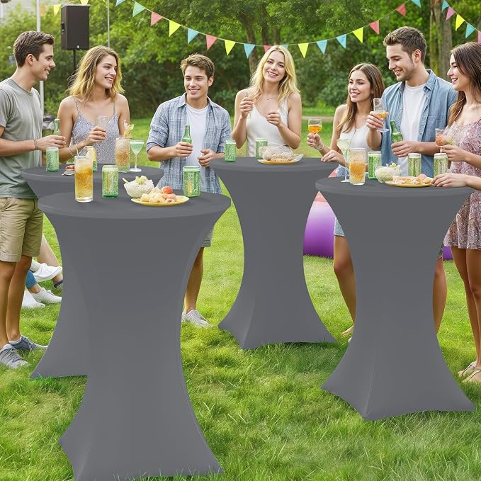 Moosfor Spandex Cocktail Table Covers 4 Pack, Elastic Fitted Stretch Table Cloth, Round High Top Tablecloths for Bar, Party, Pub, Wedding & Banquet (Dark Grey, 32x43 Inch)