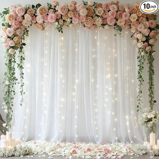 10x10ft White Tulle Backdrop Curtain with Lights String for Parites, Sheer Photo Backdrop Drapes with Lights for Wedding Ceremony Reception Baby Shower Bridal Shower Birthday Party Decorations