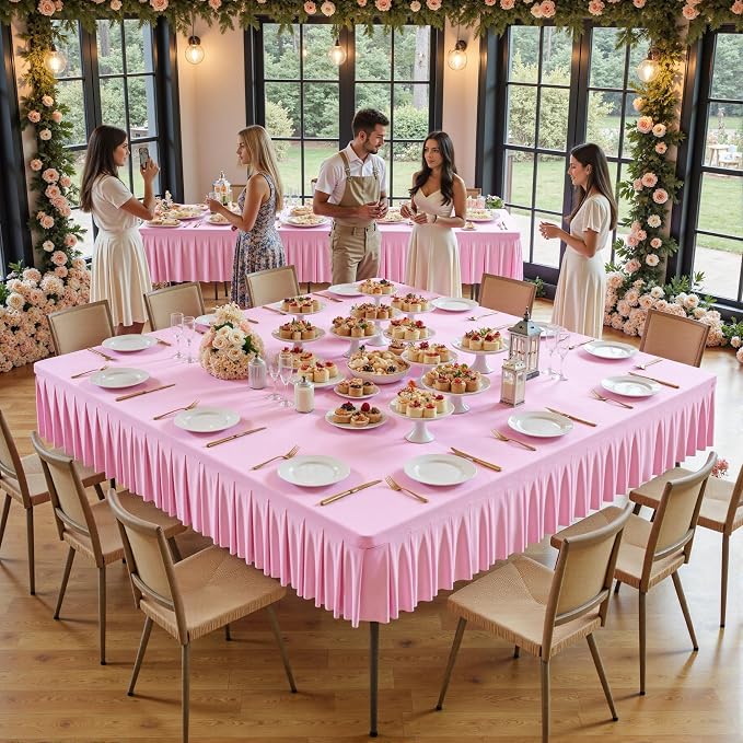 Wish Care Pink Spandex Tablecloths for 60x60 Inch Square Tables, Stretch Fitted Table Clothes with Pleated Ruffle Skirt for 60” Table, Wrinkle Free and Elastic, for Party Kitchen Home Dining
