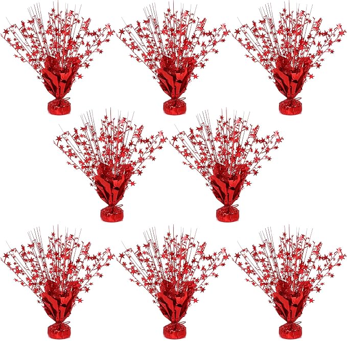 8 Pack Metallic Star Spray Centerpieces for Tables - Bulk 12.4" Foil Fountain Table Decorations for Large Events, Graduation 2026, Wedding Reception (Red)