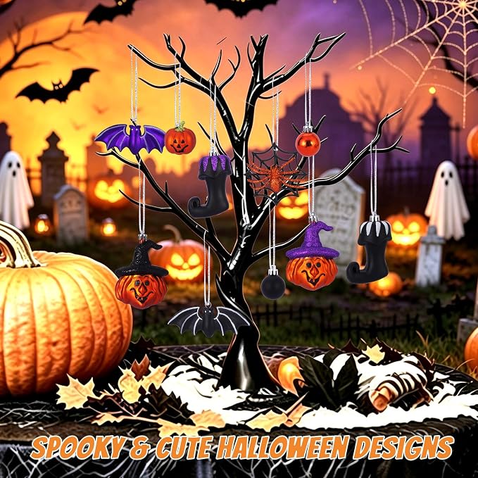 56pcs Halloween Hanging Ornaments for Tree Decorations, Shatterproof Plastic Hanging Halloween Ball Pendants with Pumpkin, Witches Hat Signs, Halloween Tree Decor Party, Holiday, Home (Multi New)