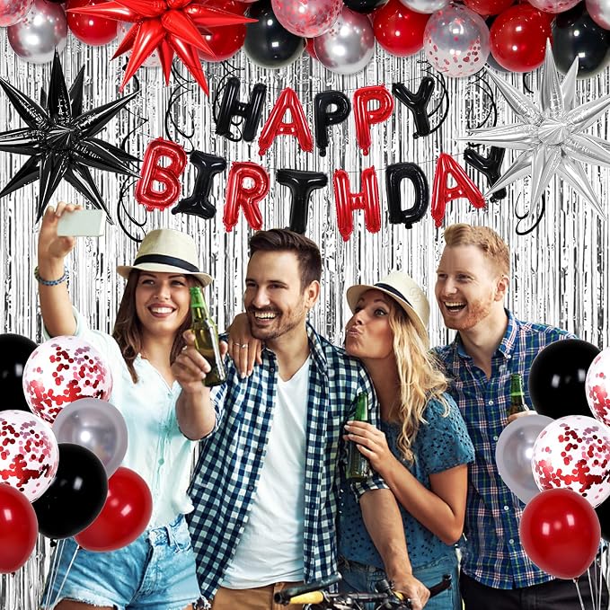 Red Birthday Decorations for Men Women Boys Girls, 91PCS Red Black and Silver Happy Birthday Decorations Kit- Happy Birthday Banner, Star Balloons Arch, Tablecloth, Fringe Curtain, Bday Party Supplies