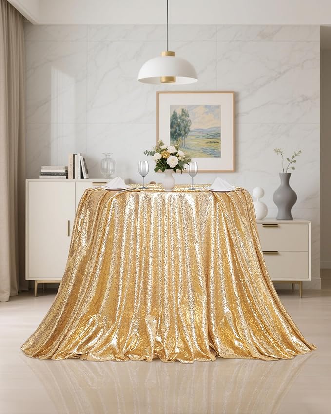 PartyDelight Light Gold Sequin Tablecloth Round 120" Table Linen for Wedding, Banquet, Party