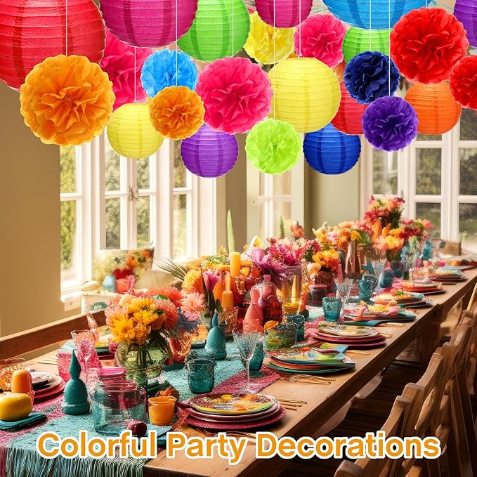 52 Pcs Mexican Fiesta Party Decorations 24 Fiesta Rainbow Tissue Paper Pom Poms 28 Hanging Paper Lanterns for Black History Festival, Cinco De Mayo Rainbow Parties Birthday Baby Shower