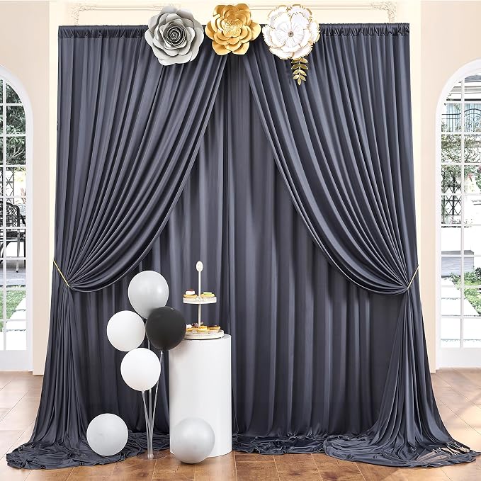 20ft×10ft Wrinkle Free Grey Backdrop Curtain for Parties, 4 Panels 5×10ft Soft Silky Polyester Charcoal Photo Backdrop Drapes for Wedding Birthday Baby Shower Photography Backgrounds