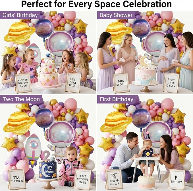 108PCS Pink Space Balloon Arch Kit for Girls – Dreamy Astronaut Rocket Planet Galaxy Balloons Garland, Outer Space Birthday Party Decorations, Baby Shower Two The Moon Party Supplies