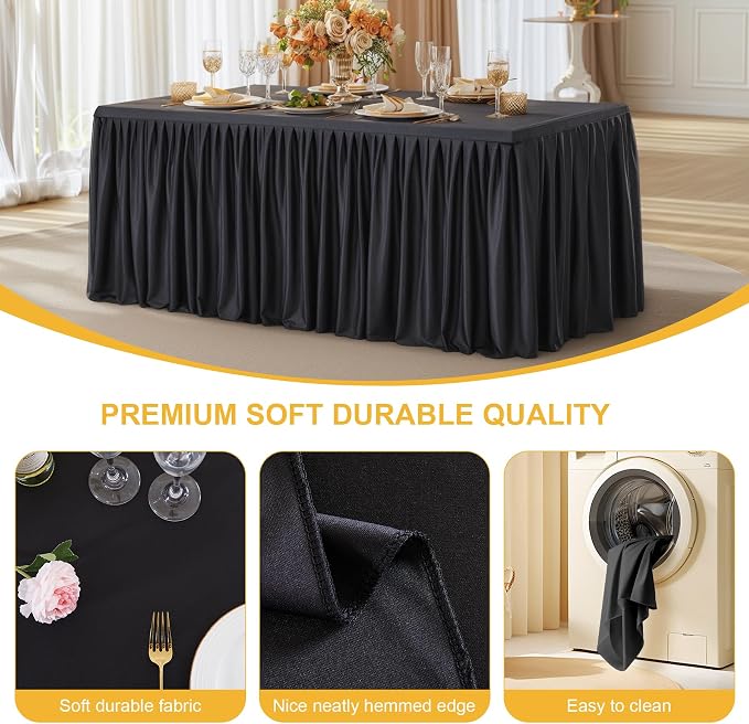 2 Packs Black Tableclothes for 8 Foot Rectangle Tables, Wrinkle Free Fitted Table Cloth 8ft Stretch Table Cover with Skirt for Parties Weddings Birthday Banquet Baby Shower