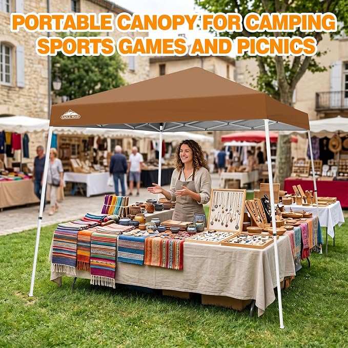 EAGLE PEAK 10x10 Slant Leg Pop-up Canopy Tent Easy One Person Setup Instant Outdoor Beach Canopy Folding Portable Sports Shelter 10x10 Base 8x8 Top (Khaki)