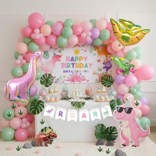 Three Rex 3rd Birthday Decorations with Pastel Pink Green Dinosaur Balloon Garland Dino Foil Balloons ROAR Banner Backdrop Footprint Stickers Palm Leaves for Girls 3 Year Old Dinosaur Party Supplies