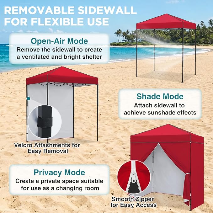 EAGLE PEAK 6x4 Instant Pop Up Canopy Tent with 4 Side Wall Panels, Straight Leg Sun Shelter, Portable Canopy with Carry Bag for Camping, Beach & Sports, Red