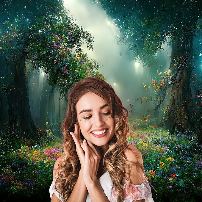 Fantasy Forest Backdrop Beautiful Magical Night Forest Landscape with Lush Flowers Photography Background Magic Field in Evening Light Backdrop Decors Artist Creation Background Props 15x8ft