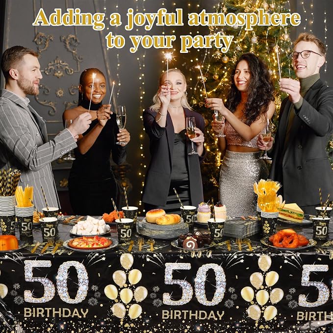 Funnymoom 452 Pcs 50th Birthday Decorations for Men, Black and Gold 50th Birthday Paper Plates Cups Napkins Tablecloth Cutlery Straws for Men Women 50 Year Old Party Supplies for 50 Guests