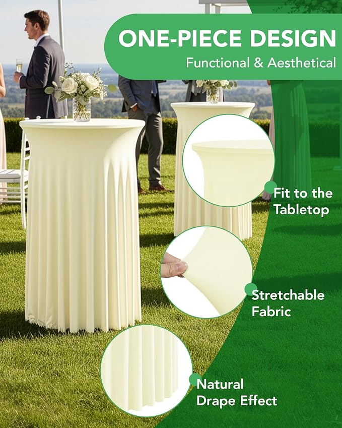 KeyWave Cocktail Table Tablecloth with Skirts - 32x43 Inch Wavy Spandex High Top Cocktail Table Covers, Ruffle Drape Highboy Tablecloth Reusable for Party Wedding Cake Standing Table, Ivory, 6 Pack