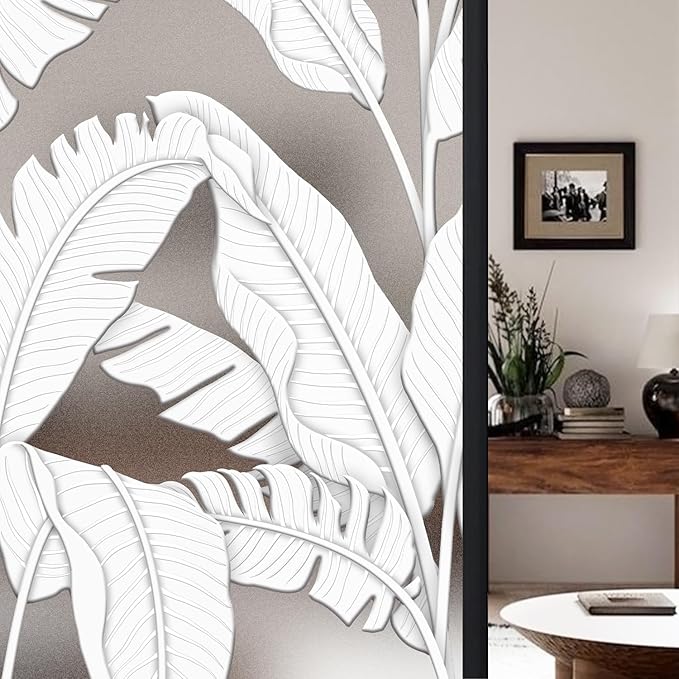 Faux 3D Frosted Tropical Window Privacy Film for Glass Door and Window, 16.93"x78.74" 3D-Banana Leaves