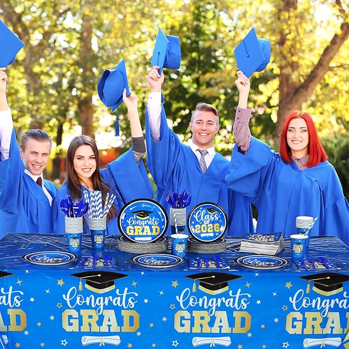 Funnymoom 452 Pcs 2026 Blue and Gold Graduation Party Decorations Supplies, Class of 2026 Graduation Paper Plates Napkins Cups Tablecloth Cutlery Straws Grad Congrats Grad Party Disposable Tableware