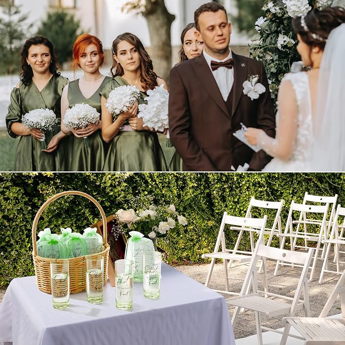 Sliner 100 Set Wedding Favors for Guests Bulk 2oz Acrylic Take a Shot We Tied the Knot Shot Glasses with Thank You Cards Organza Bags for Guest Souvenir Wedding Bridal Shower Gifts (Sage Green,Black)