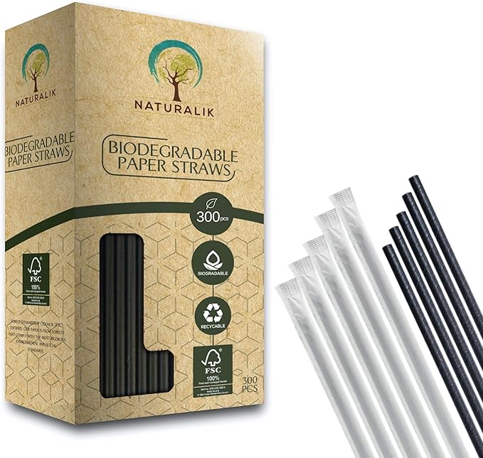 Naturalik 300-Pack Black Individually Wrapped Paper Straws - 100% Biodegradable Premium Paper Straws Bulk - Drinking Straws for Juices, Smoothies, Restaurants (Regular 7.7", Black)