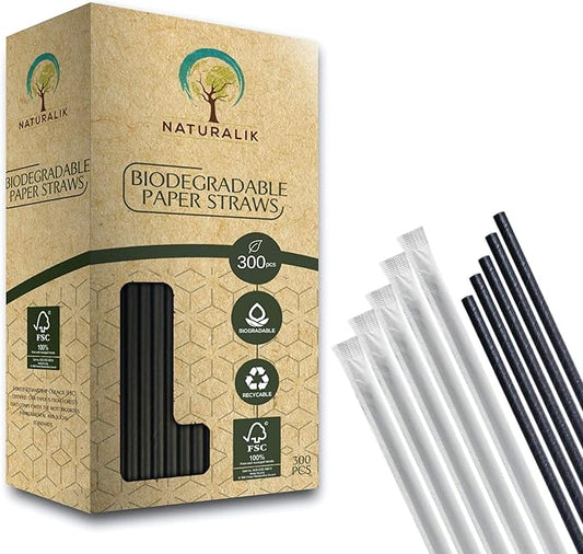 Naturalik 300-Pack Black Individually Wrapped Paper Straws - 100% Biodegradable Premium Paper Straws Bulk - Drinking Straws for Juices, Smoothies, Restaurants (Regular 7.7", Black)