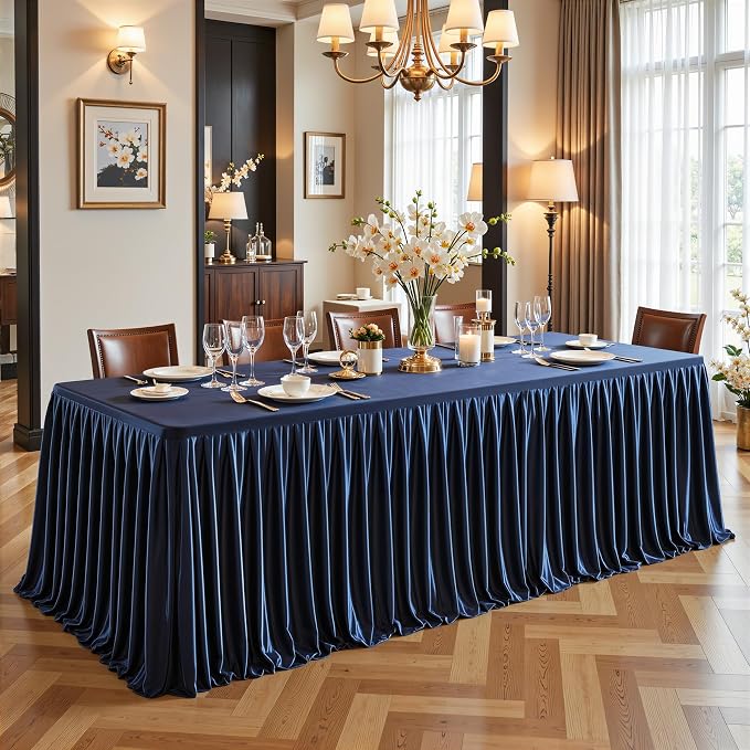 Wish Care 4 Pack Satin Table Cover Skirts for 6ft Rectangular Tables, Navy Blue Shimmer Silk Tablecloth with Floor Length Ruffle for Wedding Banquet Party Buffet Decoration
