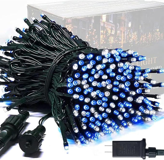 JMEXSUSS 250 LED Blue & White Christmas Lights, 91.5ft String Light Plug in | Christmas Tree Lights, Extendable, Green Wire, Waterproof, 8 Modes, Indoor/Outdoor, Porch Garden Patio Rail Christmas Decor