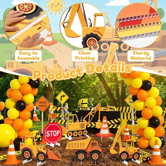 6 Pcs Large Construction Party Decorations, Truck Themed Cardboard Cutouts Standup, Excavator Traffic Cone Stop Yard Sign for Construction Birthday Baby Shower Indoor Outdoor Photo Prop