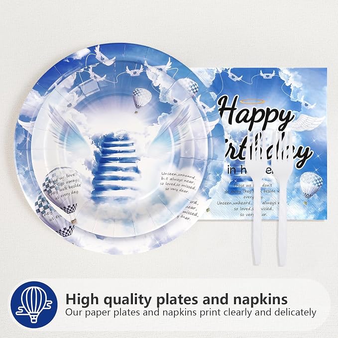 96 Pcs Happy Birthday in Heaven Party Supplies Funeral Remembrance Plates and Napkins Disposable Funeral Memorial Tableware Set for Condolence Birthday Anniversary Party Decorations Serves 24