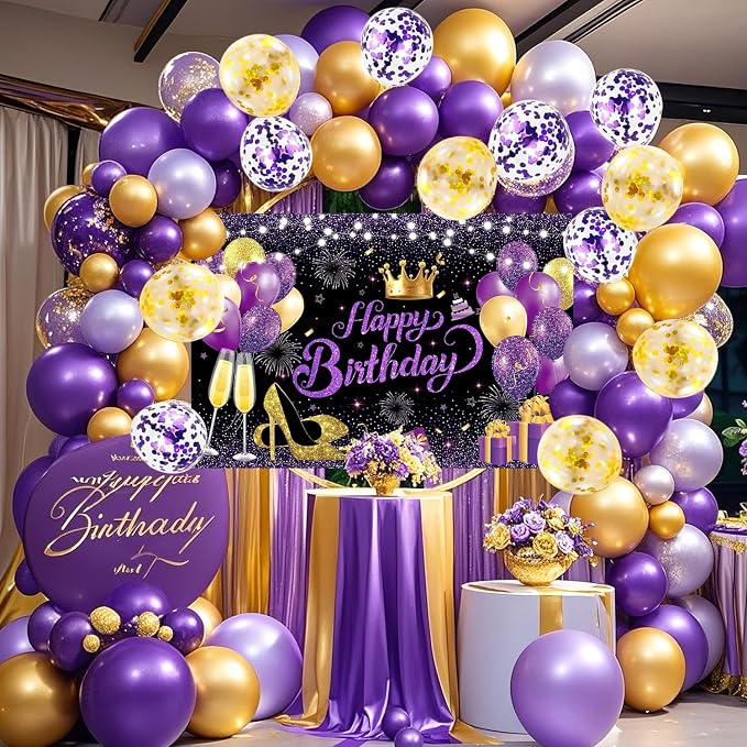 63 PCS Purple Gold Birthday Party Balloons Decoration for Girl Women | with Photo Backgrounds Backdrops, Happy Birthday Sign Banner Cloth, Confetti Balloon