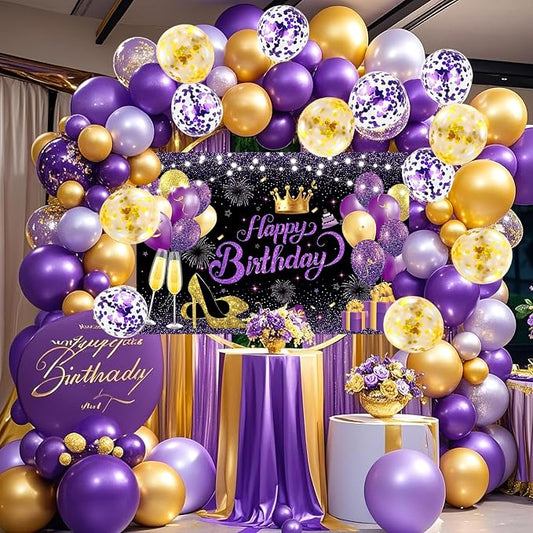 63 PCS Purple Gold Birthday Party Balloons Decoration for Girl Women | with Photo Backgrounds Backdrops, Happy Birthday Sign Banner Cloth, Confetti Balloon