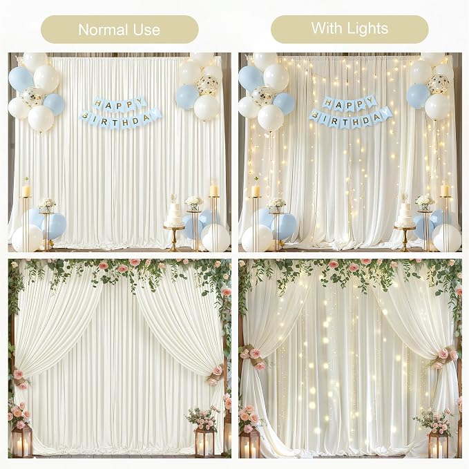 20x10FT Cream White Backdrop Curtains with Lights for Parties,Wrinkle Free Wedding Photo Backdrop Curtains for Baby Shower Birthday Ceremony Reception Home Party Decorations-5ft x 10ft,4 Panels