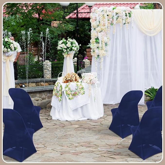 Newwiee 50 Pcs Spandex Chair Covers Bulk - Stretch Folding Flat Front Fitted Universal Chair Protector Pack Removable Washable for Wedding Party Dining Banquet Event (Navy Blue)