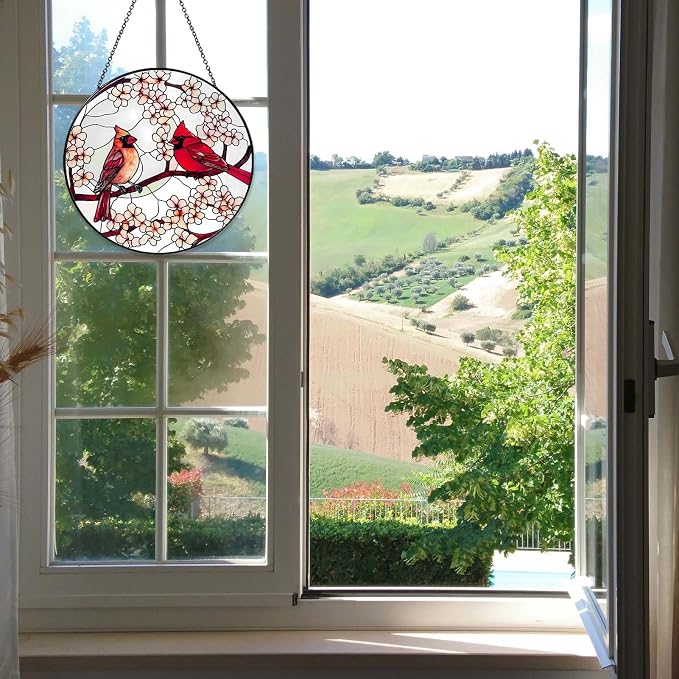 Cardinal Sun Catcher 8'' Stained Glass Window Hanging Cardinal Decor Gifts for Women Christmas Handmade Sun Catcher Decoration for Garden Home Housewarming Gifts Mother Day