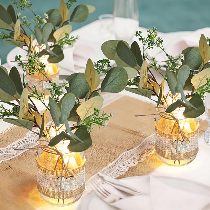 Cinrobiye 6 Sets Mason Jar Centerpieces with Eucalyptus & Lace Sleeve – Rustic Wedding Table Decor, Flower Centerpieces for Tables, Bridal Shower, Baby Shower, Engagement Party Decorations