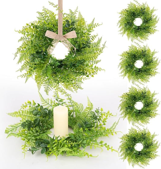 6 Pcs Green Fern Hanging Wreaths Artificial All Seasons Fern Wreath Mini Greenery Hanging Wreath for Pillar Front Door Porch Wall Window Farmhouse All Seasons Decoration