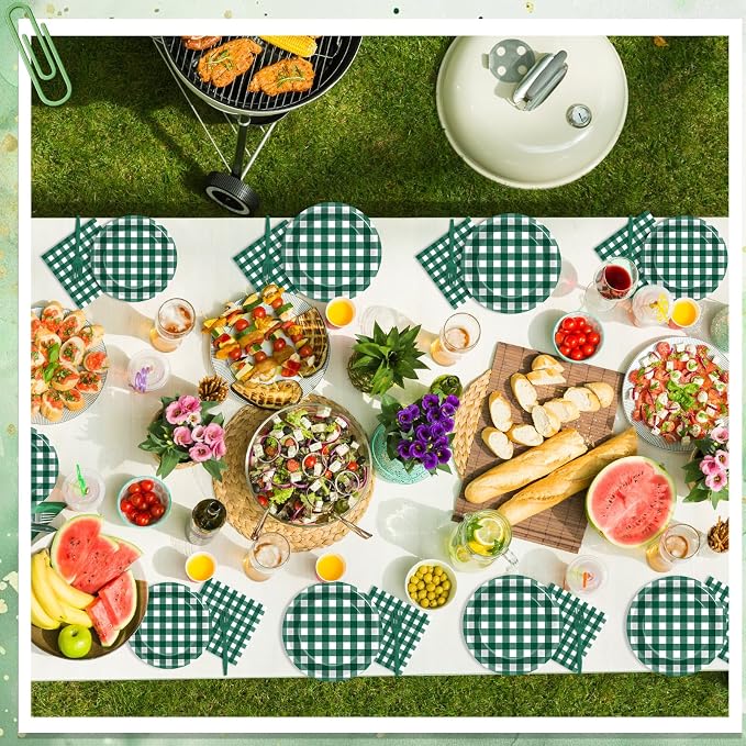 96Pcs Green Gingham Party Decorations Green and White Checkered Birthday Themed Tableware Gingham Plaid Plates Napkins Forks Picnic BBQ Dinnerware Supplies for Baby Shower Birthday Serves 24 Guests