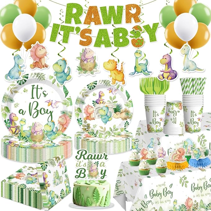 Dinosaur Baby Shower Decorations with Cake Topper, Honeycomb Centerpieces, 25 Serves Disposable Tableware Set, Banner Plates, Napkins, Cup Table Cloth, for Baby Shower Decorations Boy