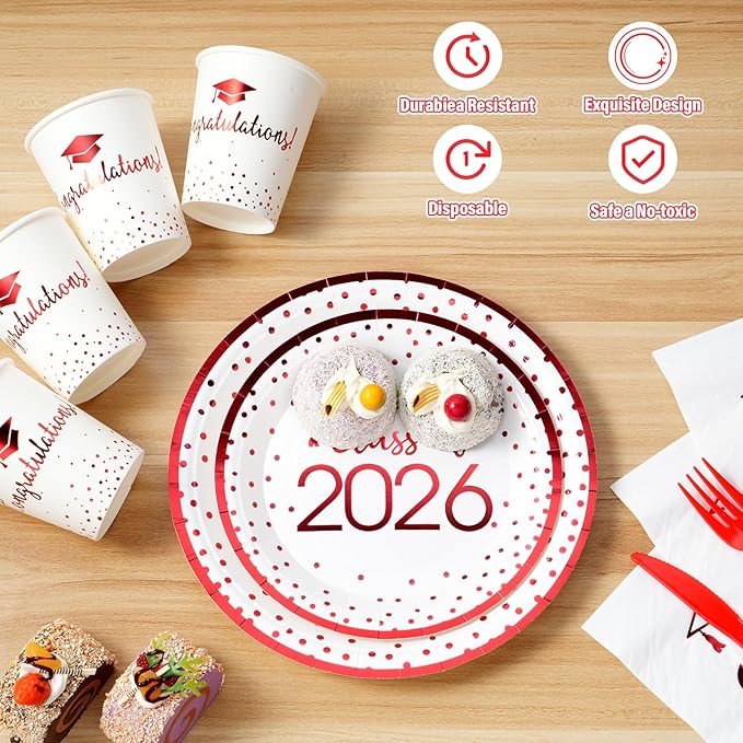 175pcs Class of 2026 Graduation Plates and Napkins Set, Disposable Paper Plate Set Polka Dots Napkins Cups Knife Fork Spoon for Graduation Party Decorations and Supplies,Serve 25 (White Red)