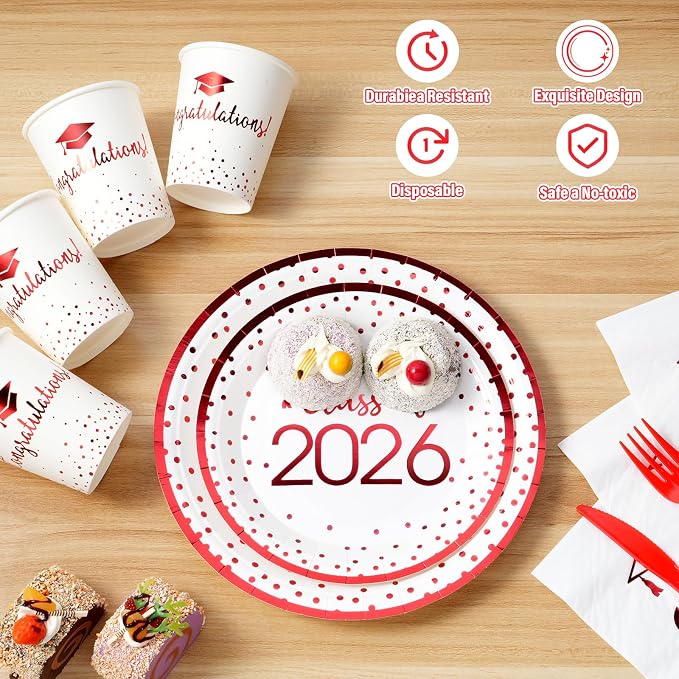 350pcs Class of 2026 Graduation Plates and Napkins Set, Disposable Paper Plate Set Polka Dots Napkins Cups Knife Fork Spoon for Graduation Party Decorations and Supplies,Serve 50 (White Red)