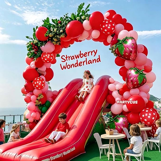 Strawberry Balloon Arch Kit Double Stuffed, Pastel Red Baby Pink Coral Balloon Garland with 18in Strawberry Foil for Berry First Birthday Baby Shower Sweet Mothers Day Wedding Party